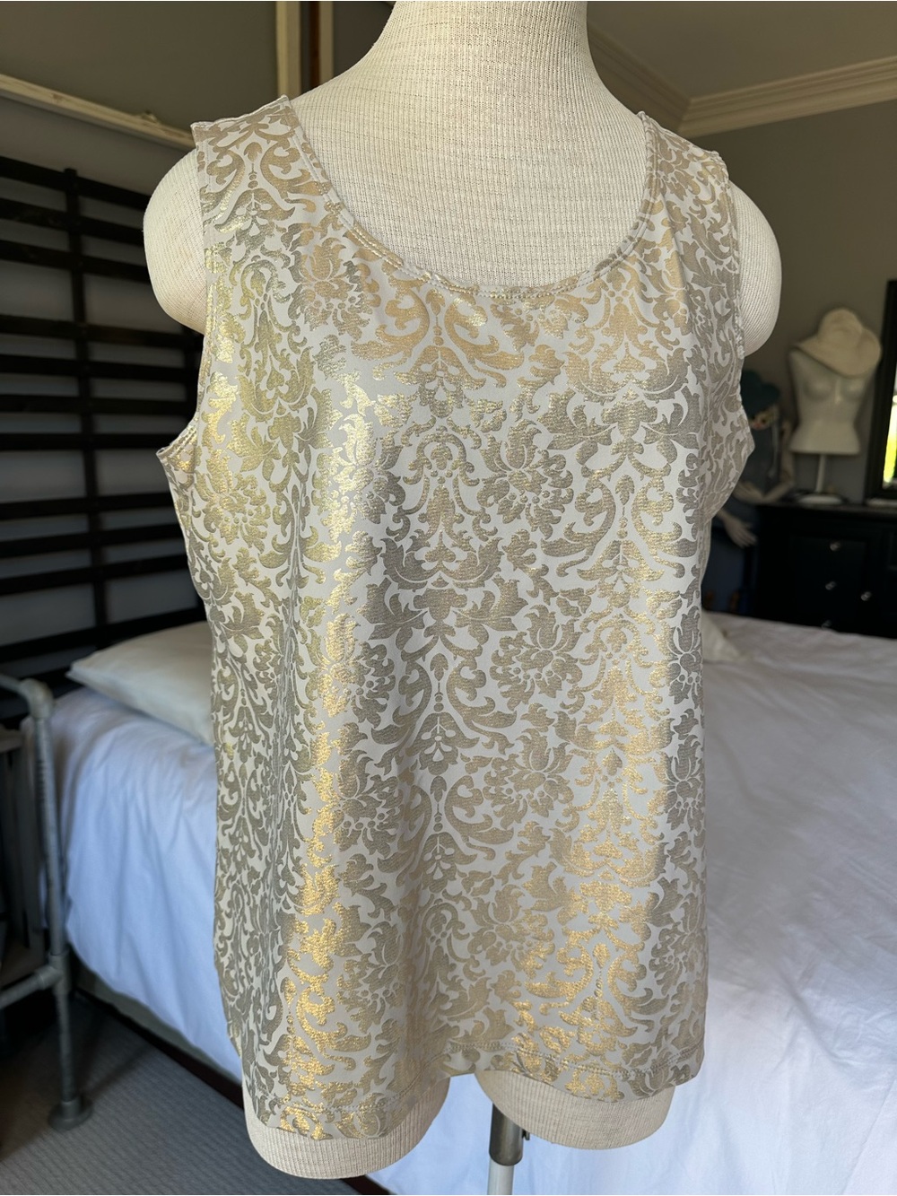 Chico's Gold Metallic Scroll Print Top on Cream, size medium (2)